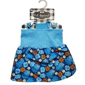 Pet Apparel XL Tropical Floral Blue Dress For Dogs With Stretchy Smocked Bodice